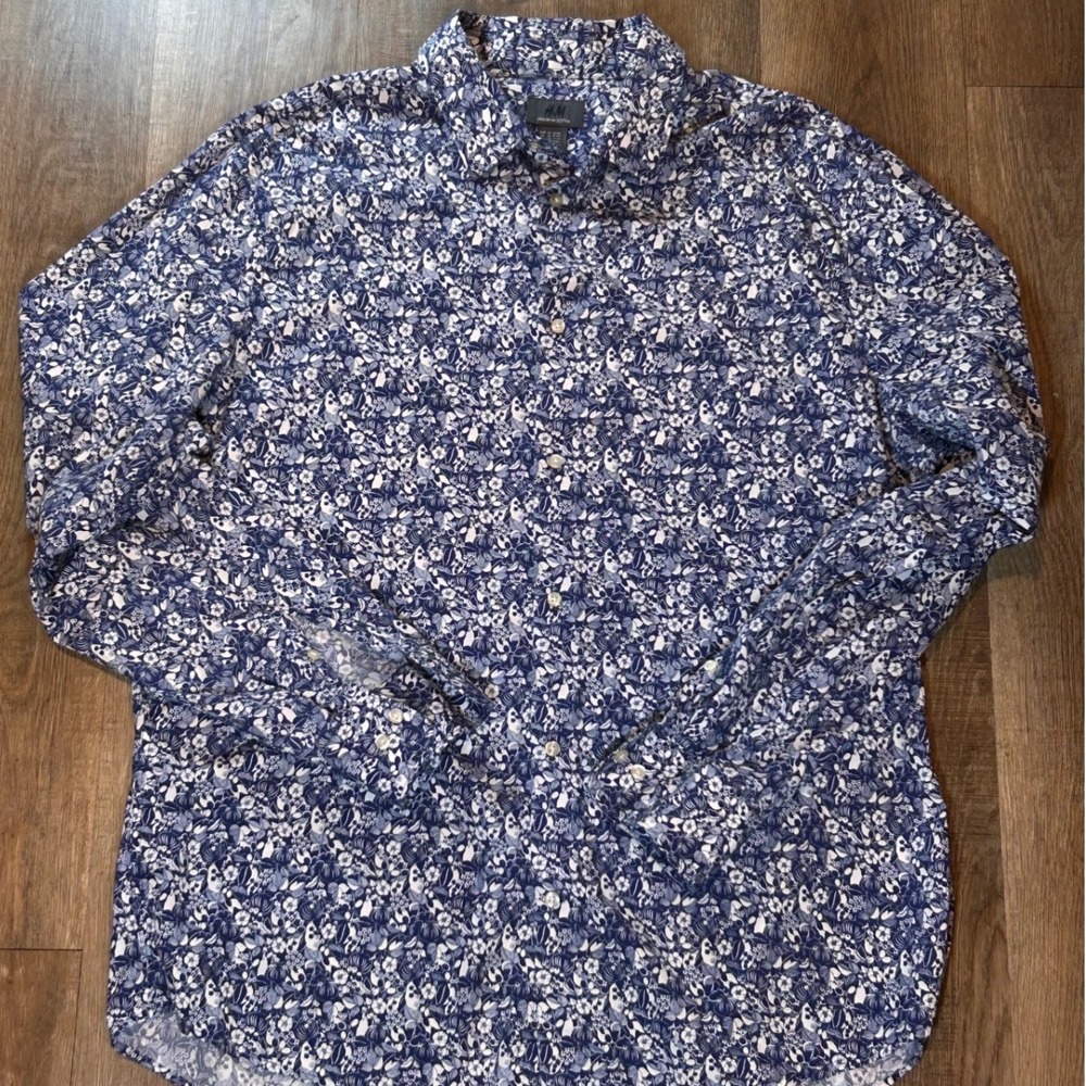 HM Premium Cotton Mens XL Blue White Floral Botanical Long Sleeve Button Down